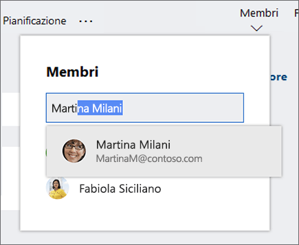 Screenshot dell'elenco Membri quando si immette il nome di un nuovo membro del piano.
