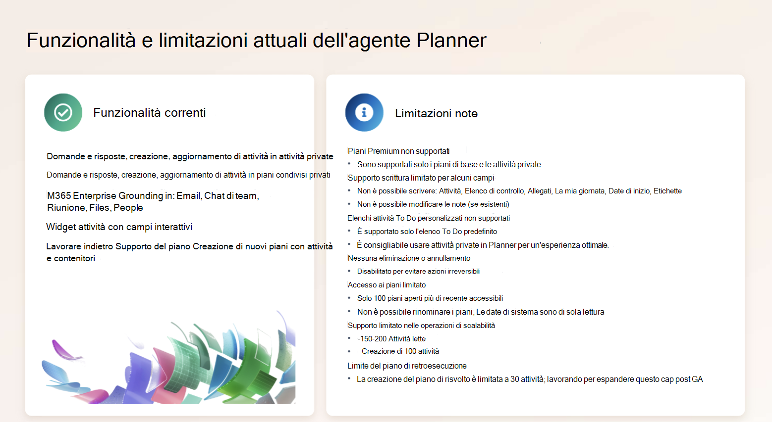 Diagramma delle funzionalità e delle limitazioni di Current Planner.