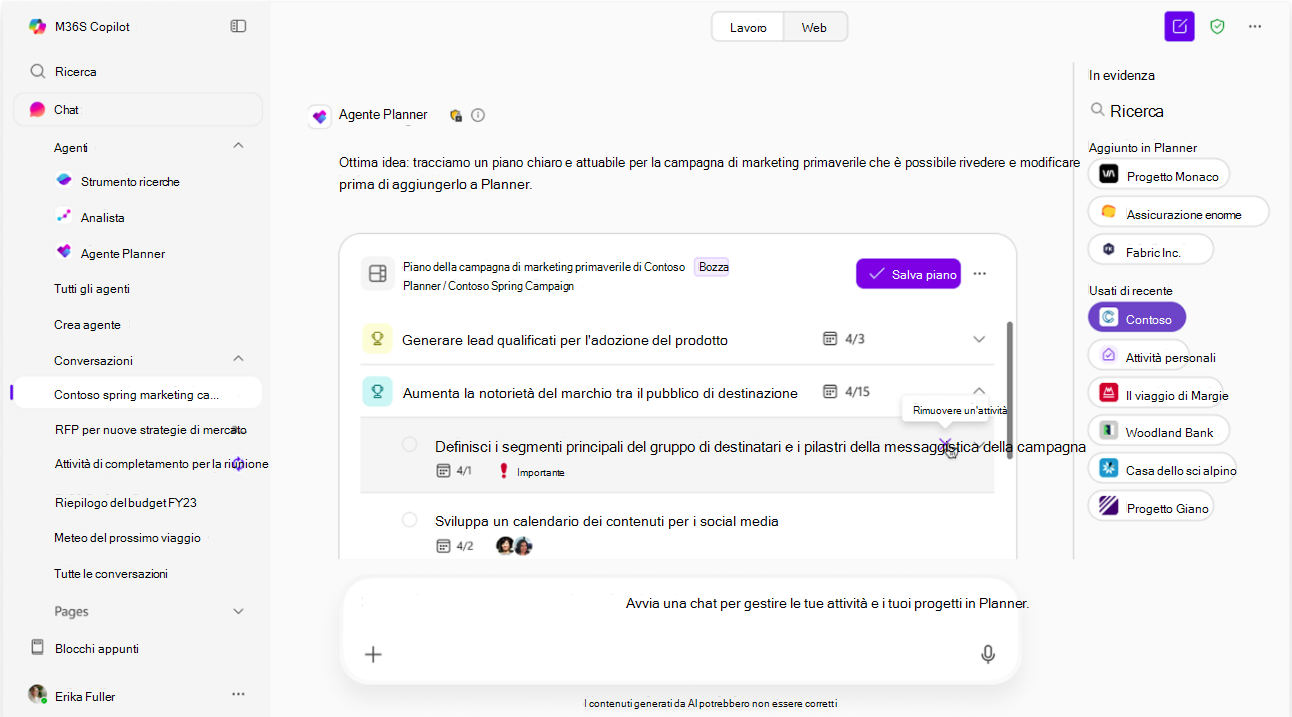 Screenshot che mostra l'agente Planner che modifica il suggerimento IA in modalità bozza.