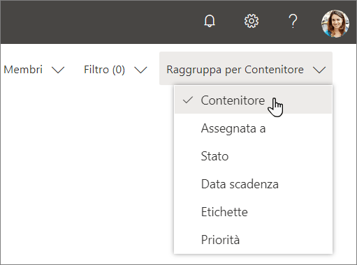 Screenshot di Raggruppa per elenco a discesa in Planner, con contenitore selezionato