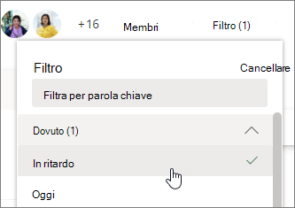 Screenshot in Planner della scelta di In ritardo nel menu Filtro
