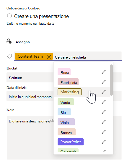 Selezione di un'etichetta nei dettagli delle attività in Planner