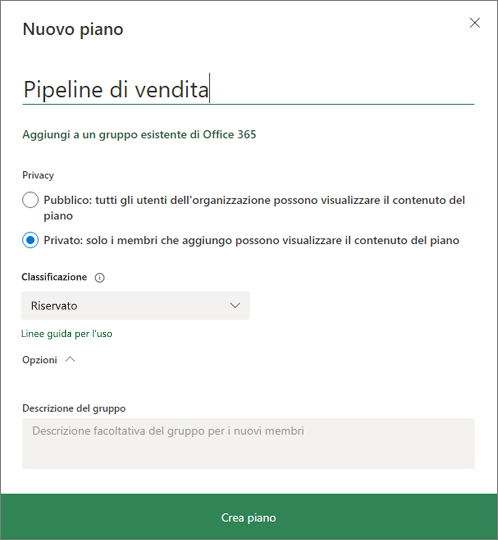 Screenshot della finestra di dialogo Nuovo piano.