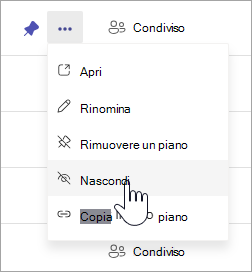 Cursore che punta all'opzione Nascondi nel menu di scelta rapida di un piano in I miei piani in Planner