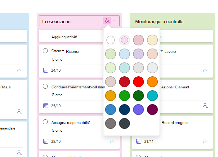 È stato aperto il selettore colori per un contenitore, che mostra 25 colori tra cui scegliere.