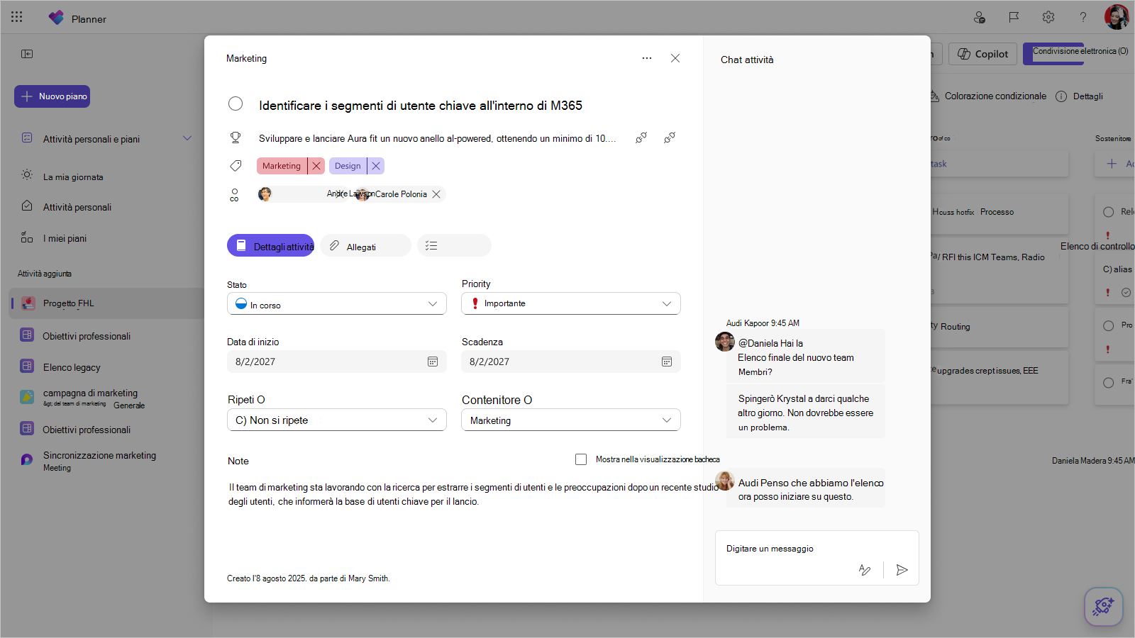 Uno screenshot di una scheda attività in Planner per il Web mostra il riquadro Chat attività a destra dei dettagli dell'attività. Due membri del piano stanno chattando sull'attività usando le menzioni.