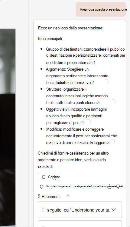 Screenshot della funzionalità Riepiloga questa presentazione con citazioni