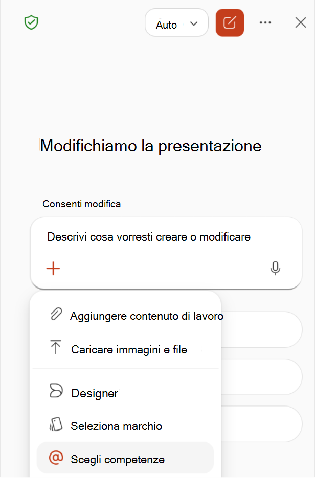 Screenshot che mostra la selezione Scegli competenze dal menu più nel riquadro Copilot.