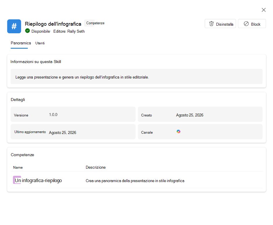 Screenshot che mostra i dettagli, gli utenti, la versione e lo stato di distribuzione di una competenza.