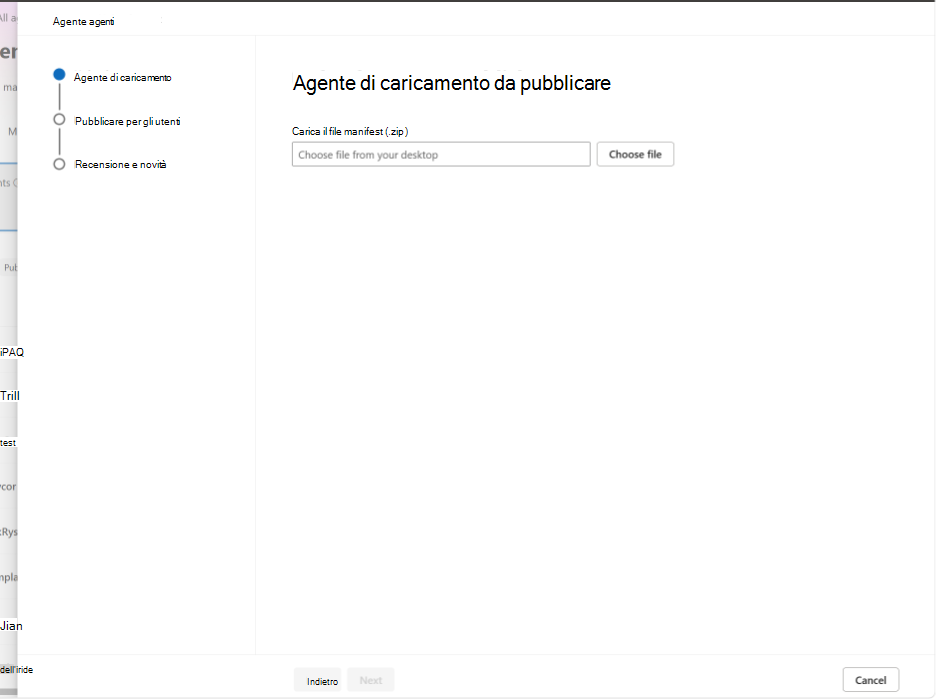 Screenshot che mostra il caricamento di un pacchetto di competenze nella pagina Carica agente da pubblicare.