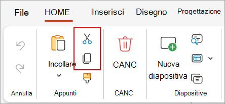 Screenshot che mostra il gruppo Appunti con i comandi Taglia e Copia.