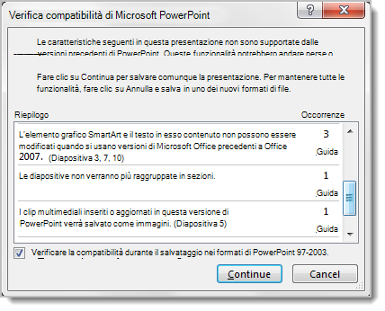 Verifica compatibilità PowerPoint con l'elenco delle funzionalità non supportate