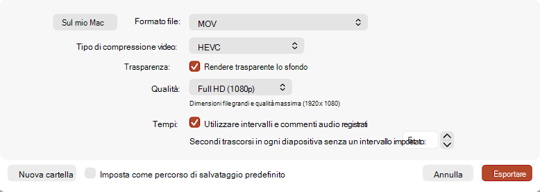 Screenshot della finestra di dialogo Esporta come video in PowerPoint.