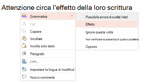 Screenshot del menu di scelta rapida della grammatica.