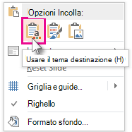 Opzioni Incolla: Usa tema destinazione