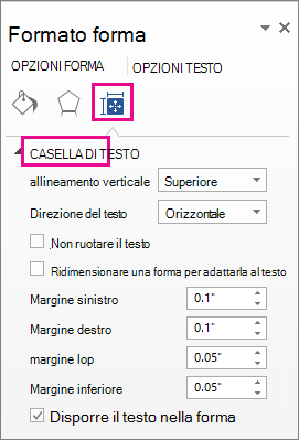 Opzioni delle caselle di testo nel riquadro Formato forma