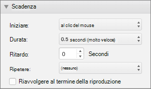 Lo screenshot mostra la sezione Intervallo del riquadro Animazioni con le opzioni Inizia, Durata, Ritardo e Ripeti e una casella di controllo Ritorna allo stato iniziale dopo l'animazione.