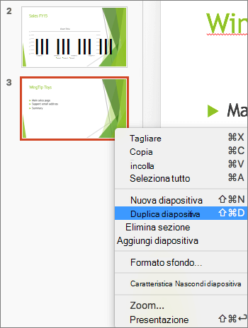 Screenshot che mostra una diapositiva selezionata e l'opzione Duplica diapositiva selezionata nel menu di scelta rapida.