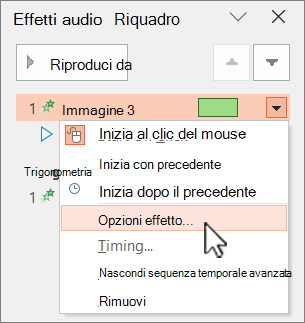 Opzioni degli effetti del menu di scelta rapida nel riquadro Animazione di PowerPoint.