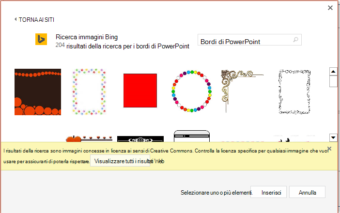Risultati di una ricerca per i bordi di PowerPoint in Bing.