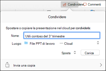 Screenshot che mostra la finestra di dialogo che offre di caricare la presentazione nello spazio di archiviazione Microsoft Cloud per una condivisione semplice.