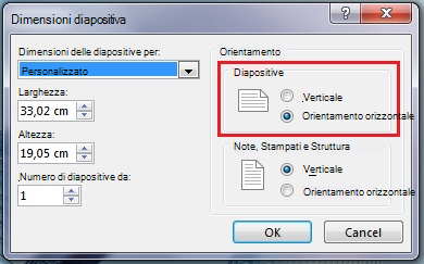 Nella finestra di dialogo Dimensioni diapositiva è possibile cambiare l'orientamento della diapositiva in Verticale o Orizzontale.