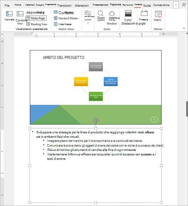 Screenshot che mostra una diapositiva in una presentazione di PowerPoint con le note associate.
