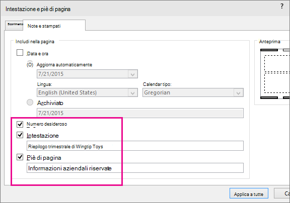 Mostra la finestra di dialogo Intestazione in PowerPoint