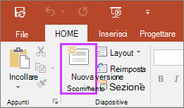 Mostra il pulsante Nuova diapositiva nella scheda Home sulla barra multifunzione di PowerPoint