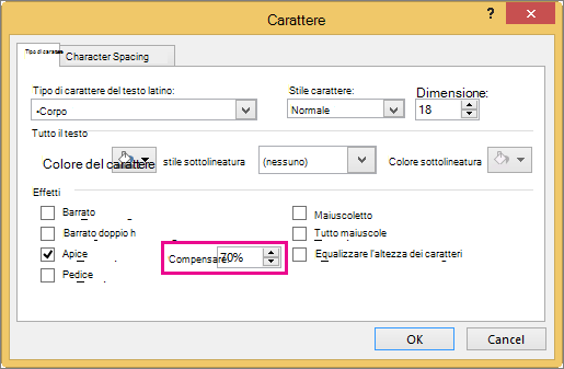 Finestra di dialogo Carattere in PowerPoint