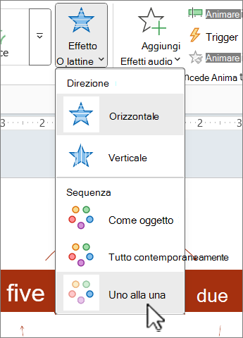 Menu Opzioni effetto nella scheda Animazioni di PowerPoint.