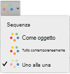 Le opzioni visualizzate nel menu Opzioni effetto variano a seconda dell'effetto di animazione selezionato.