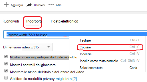 Copiare il codice di incorporamento iFrame