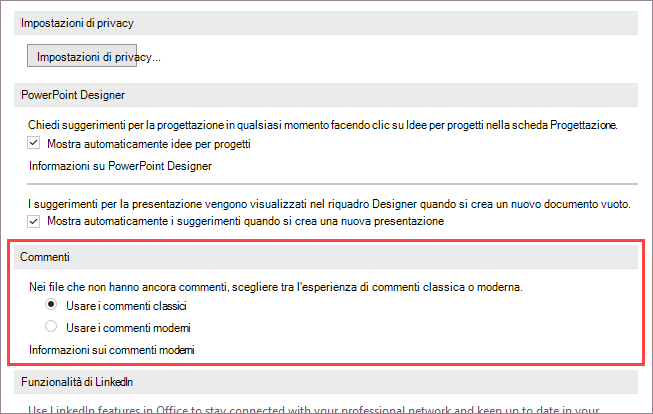Opzioni per i commenti moderni