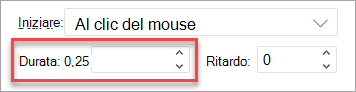 Campo Durata quando si applica un'animazione in PowerPoint sul web.