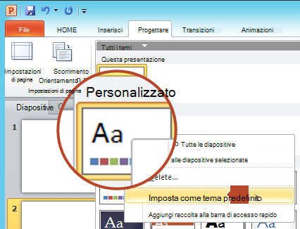 Fare clic con il pulsante destro del mouse sul nuovo tema elencato sotto l'intestazione Personalizzato e quindi scegliere Imposta come tema predefinito.