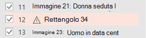 Accanto a un elemento che richiede testo alternativo viene visualizzato un simbolo di avviso.