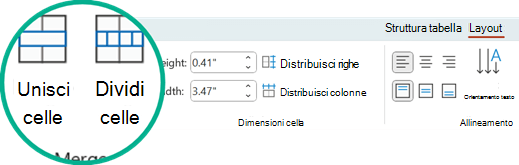 I comandi Unisci celle e Dividi celle si trovano nella scheda Layout di PowerPoint.