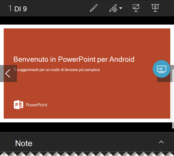 Mentre le diapositive compaiono a schermo intero sul monitor, lo schermo del telefono mostra la visualizzazione Relatore con le note e i controlli di spostamento