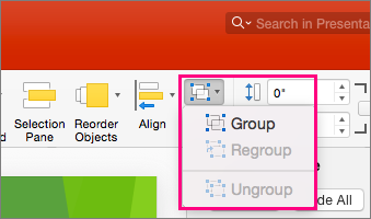 Icona Gruppo sulla barra multifunzione di PowerPoint 2016 per Mac