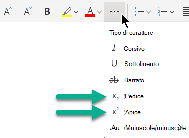 Selezionare i puntini di sospensione Altre opzioni carattere e quindi selezionare Pedice o Apice.