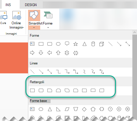 Il menu Forme include un gruppo di rettangoli tra cui scegliere