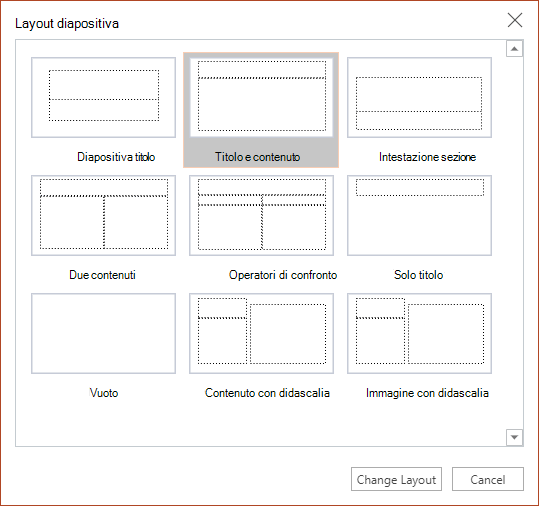 Finestra di dialogo Layout diapositiva in PowerPoint per il web.
