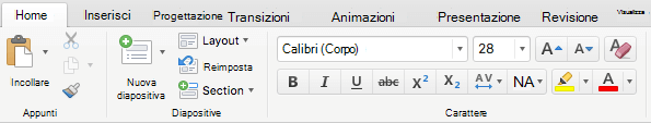 Per Office 365 abbonati, la scheda Home sulla barra multifunzione di PowerPoint per Mac 2016 include ora un pulsante Colore evidenziatore testo