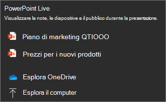 Screenshot di PowerPoint Live menu di condivisione che mostra le opzioni per i file e Sfoglia OneDrive ed Esplora i miei file.