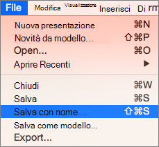 Menu Salva con nome > in PowerPoint 2016 per Mac.
