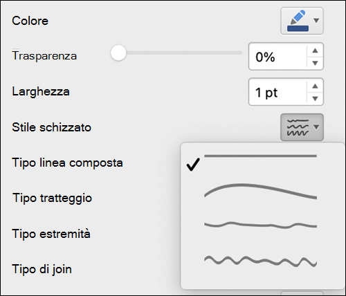 Opzioni di formato linea in Mac con lo stile Mano libera selezionato