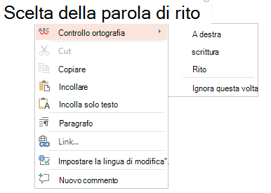 Screenshot del menu di scelta rapida del controllo ortografia.