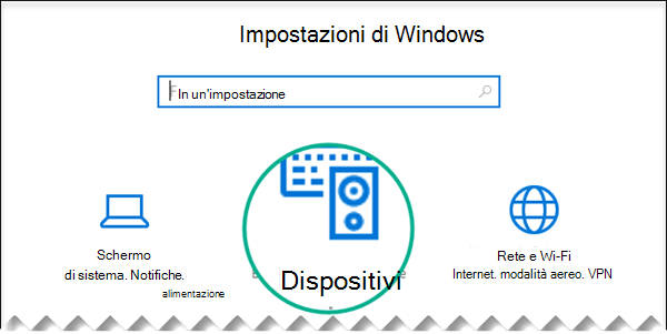 Selezionare Dispositivi nella finestra di dialogo Impostazioni di Windows