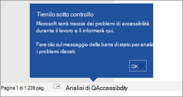 Barra di stato che mostra che Verifica accessibilità è in esecuzione